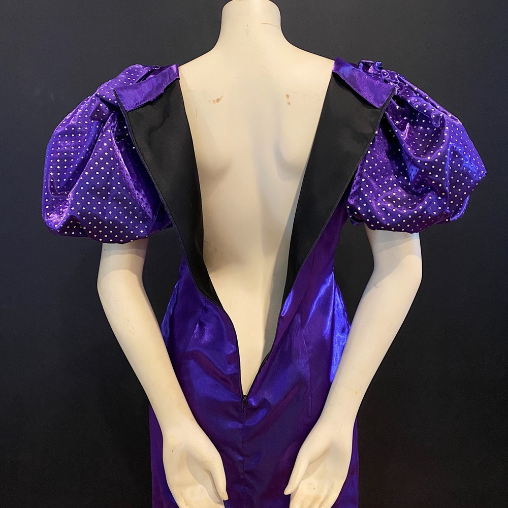 AMAZING Vintage Royal Purple Iridescent Statement Puff Sleeve Midi Dress - Picture 4 of 11